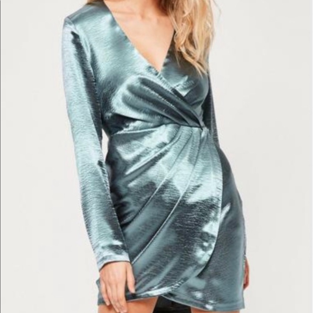 Missguided Blue Silky Long Sleeve Wrap Dress
